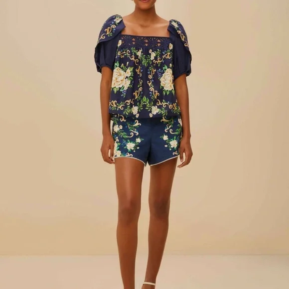 Farm Rio: Blue Flower Tapestry Yoke Blouse - Picture 2 of 6